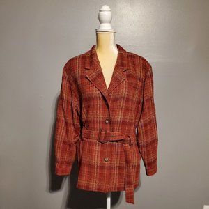 LizSport Red Plaid Belted Jacket Wool Blend Size Petite 14